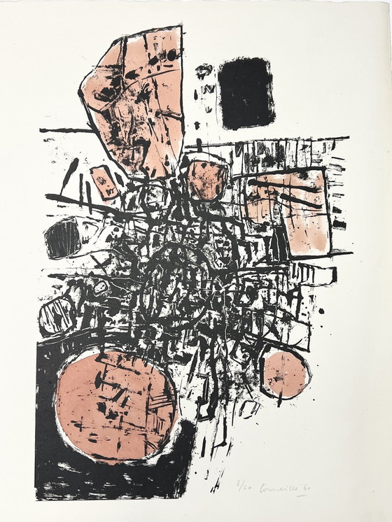 Image 1 of Gesigneerd; Guillaume Corneille Paysage Minéralogique, 1960 - Pièce Unique Lithographie Aquarellée À La Main