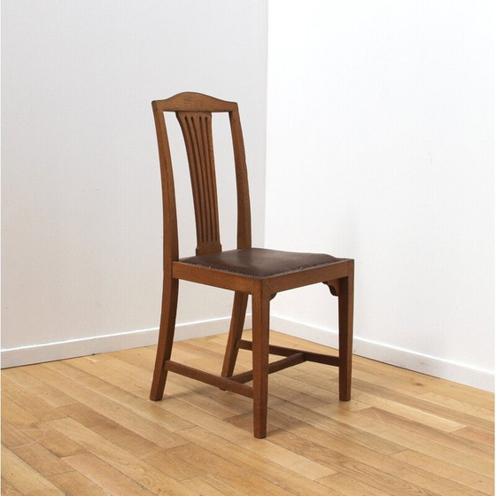 Image 1 of Set van 6 vintage eetkamerstoelen in gelakt hout en bruin leren zitting