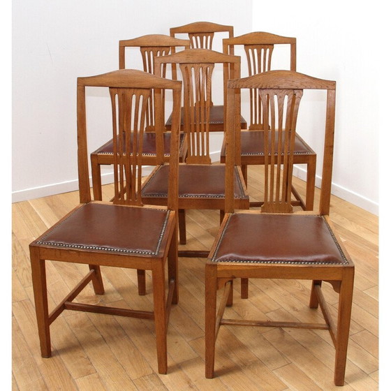 Image 1 of Set van 6 vintage eetkamerstoelen in gelakt hout en bruin leren zitting