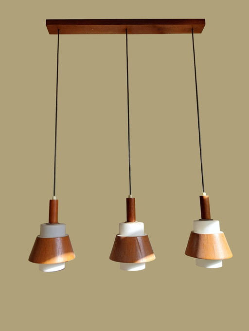 3X Vintage ‘Japandi’ Hanglamp Teak En Opaline