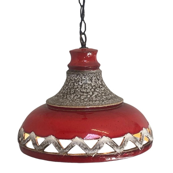 Image 1 of Fat Lava - UFO-vormige Keramische Hangende Pedant - Midcentury - Duitsland - BOHO - Rood en Beige