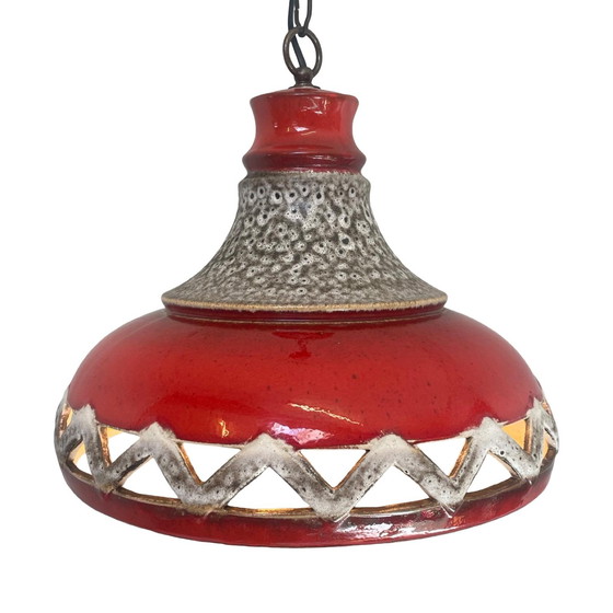 Image 1 of Fat Lava - UFO-vormige Keramische Hangende Pedant - Midcentury - Duitsland - BOHO - Rood en Beige