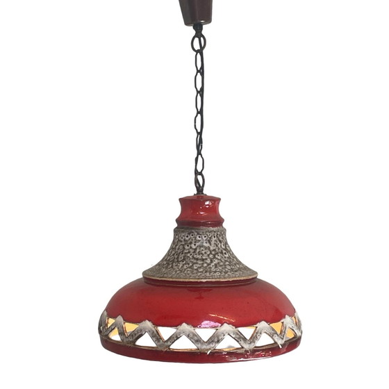 Image 1 of Fat Lava - UFO-vormige Keramische Hangende Pedant - Midcentury - Duitsland - BOHO - Rood en Beige