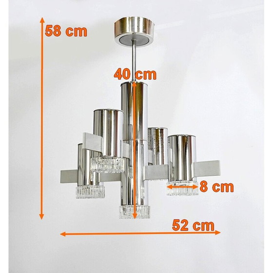 Image 1 of Vintage kroonluchter in gepolijst chroom en aluminium met 5 lichtarmen van Gaetano Sciolari, Italië 1960