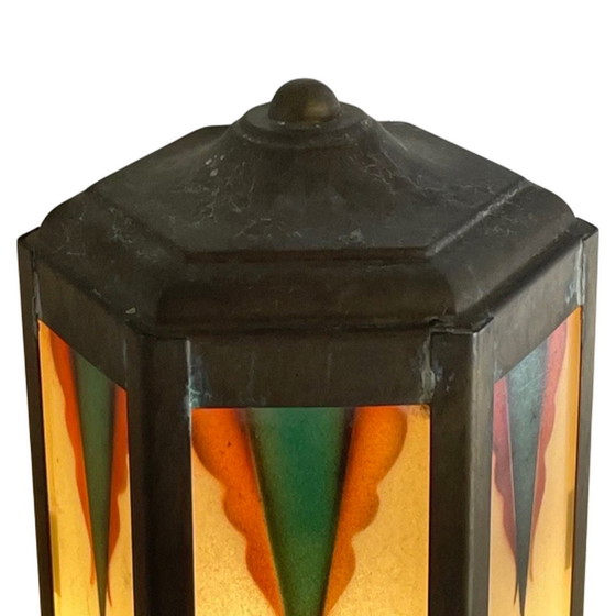 Image 1 of Art Deco / Amsterdamse School - Glas-in-lood wandkandelaar - Brons frame -