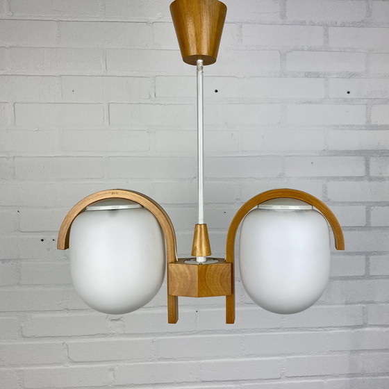 Image 1 of Bow teak hanglamp met opel glas