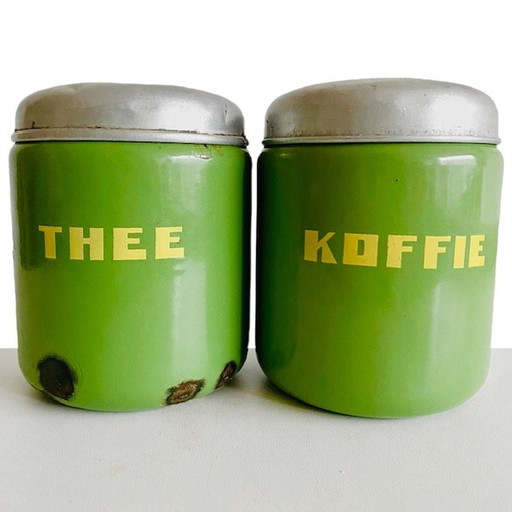 Vintage emaille koffie- en thee blikken groen 1920's