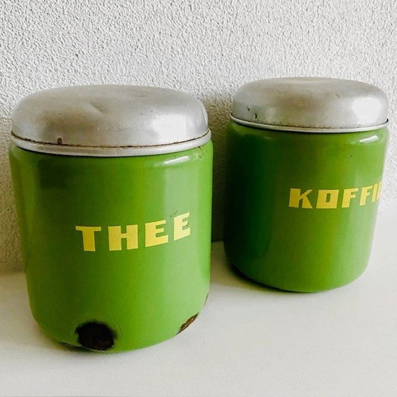 Image 1 of Vintage emaille koffie- en thee blikken groen 1920's