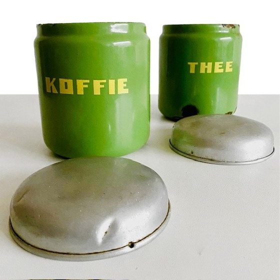 Image 1 of Vintage emaille koffie- en thee blikken groen 1920's