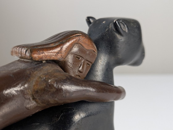 Image 1 of Ariadne en de panter, Art Deco sculptuur van hout en messing, 1920S