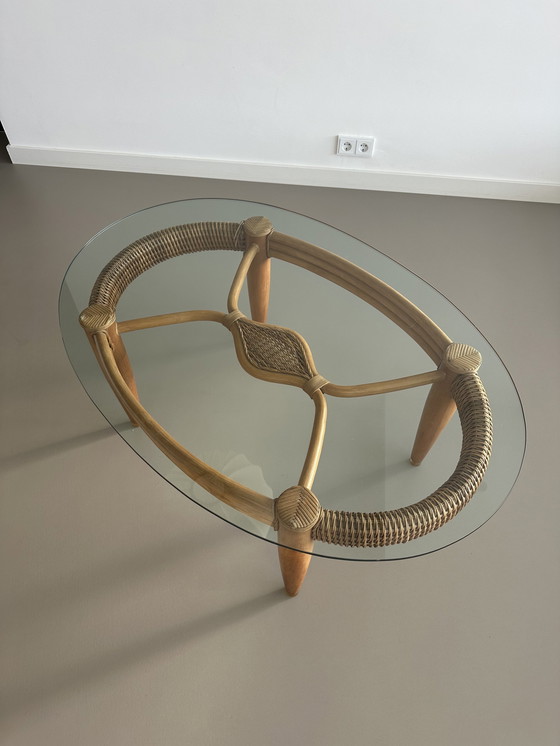 Image 1 of Vintage Rotan Glazen Salontafel Koffie Tafel