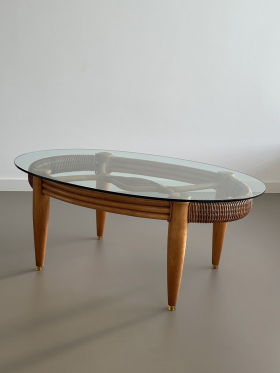 Image 1 of Vintage Rotan Glazen Salontafel Koffie Tafel