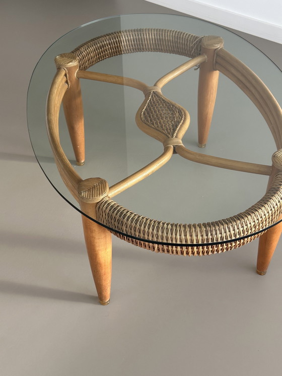 Image 1 of Vintage Rotan Glazen Salontafel Koffie Tafel