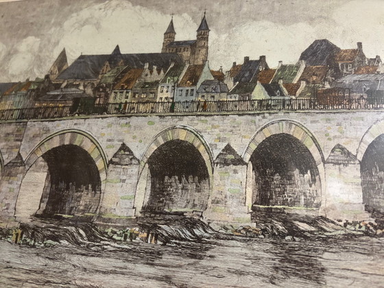 Image 1 of H.A. Jelinger - St. Servaasbrug Maastricht (Ingekleurde Ets)