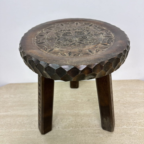 Image 1 of Vintage Carved Wood Stool 