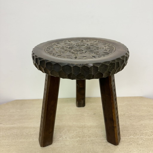 Vintage Carved Wood Stool 