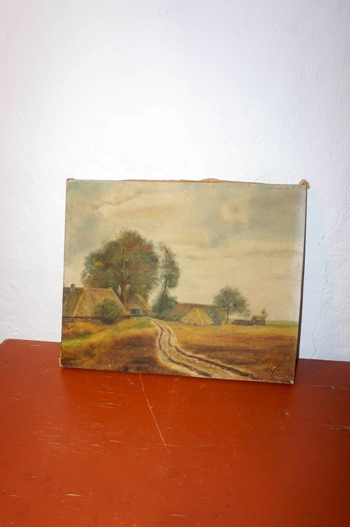 Vintage Nederlands Landschap op Canvas * Gesigneerd Landelijk Platteland * Begin tot Mid-20ste Eeuw (1920-1950S) Europees