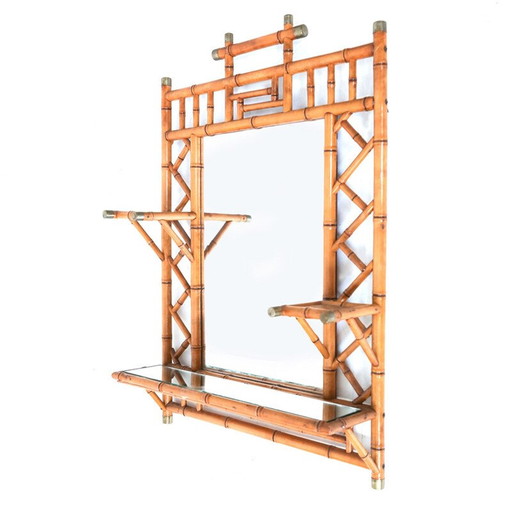 Vintage spiegel van rotan en messing, 1970