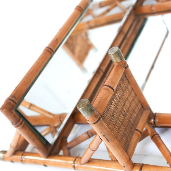 Image 1 of Vintage spiegel van rotan en messing, 1970