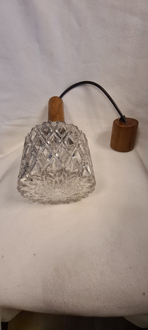 Mid Century glazen lamp kristalglas hout fitting 60/70s enkele vlam