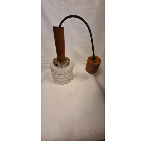 Mid Century glazen lamp kristalglas hout fitting 60/70s enkele vlam