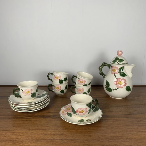 Set van 6 koffie-/theekopjes + schoteltjes en 1 theepot/koffiezetapparaat Villeroy & Boch, Wild Rose Model 1970