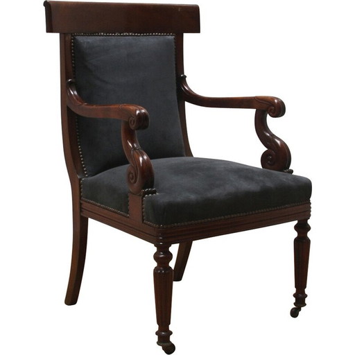 Vintage fauteuil in donker hout en grijs fluweel