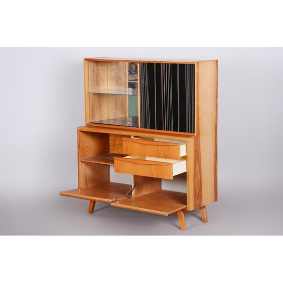 Image 1 of Vintage essenhouten en glazen dressoir van Bohumil Landsman voor Jitona Soběslav