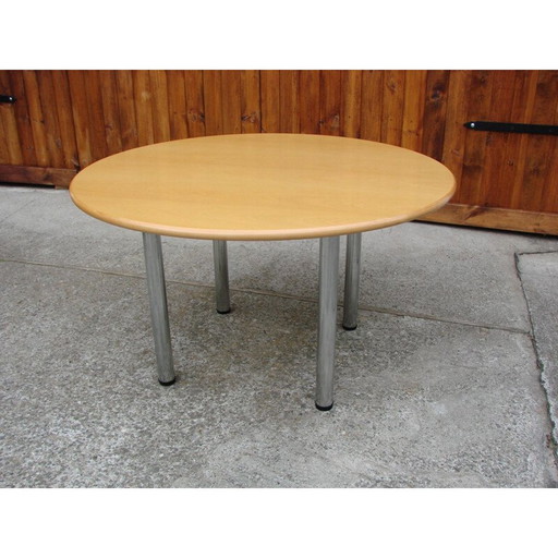 Vintage ronde tafel van verchroomd metaal en hout, 1980