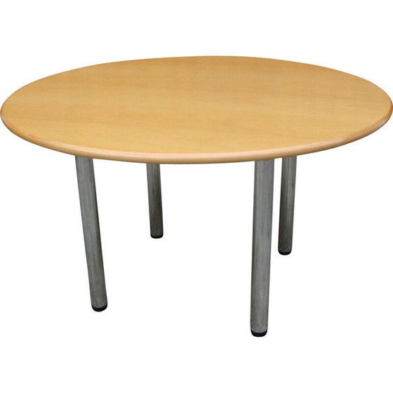 Image 1 of Vintage ronde tafel van verchroomd metaal en hout, 1980