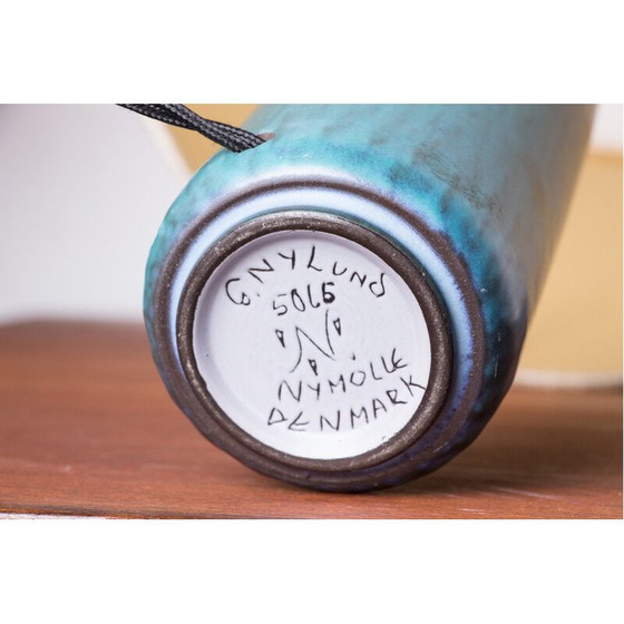 Image 1 of Vintage mat blauwe steengoed tafellamp van Gunnar Nylund voor Nymolle, Denemarken 1960