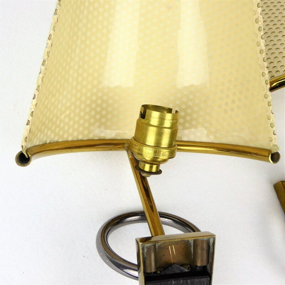 Image 1 of Paar vintage wandlampen van messing en metaal, Frankrijk 1950