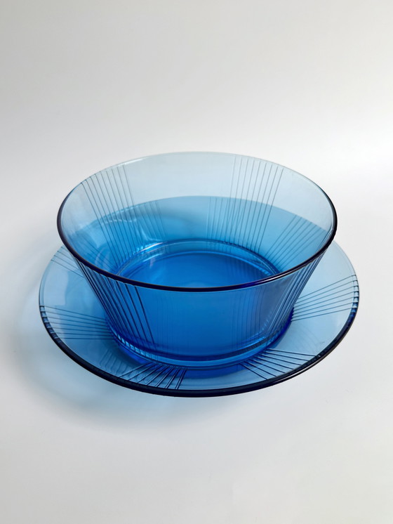 Image 1 of Art Deco Revival 80s Tafel Set Bord Schaal Glas Blauw Serveren