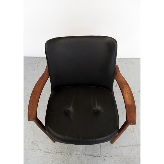 Image 1 of Vintage fauteuil in massief hout en zwart leer van Ib Kofod Larsen voor Fröscher