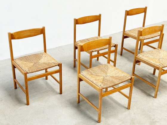 Image 1 of Set van zes Scandinavische rotan en eiken eetkamerstoelen