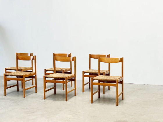 Image 1 of Set van zes Scandinavische rotan en eiken eetkamerstoelen