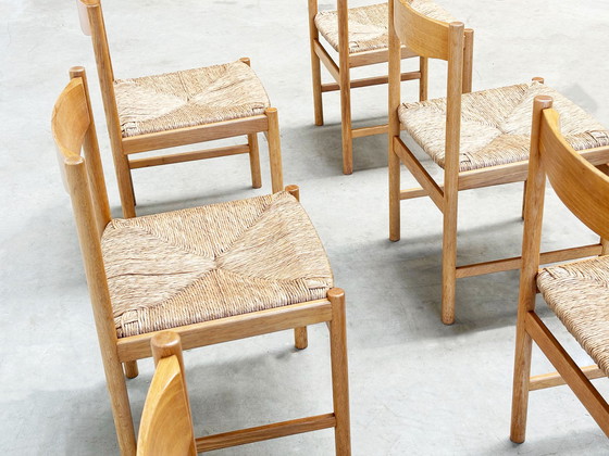 Image 1 of Set van zes Scandinavische rotan en eiken eetkamerstoelen