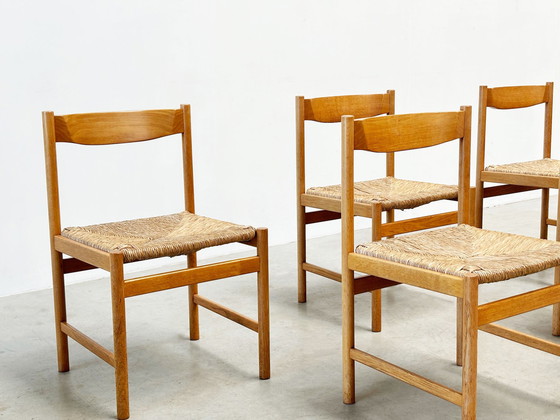 Image 1 of Set van zes Scandinavische rotan en eiken eetkamerstoelen