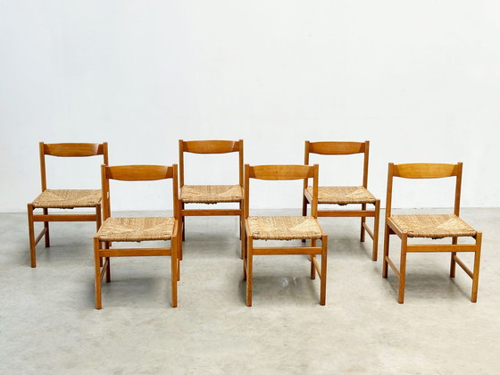 Image 1 of Set van zes Scandinavische rotan en eiken eetkamerstoelen