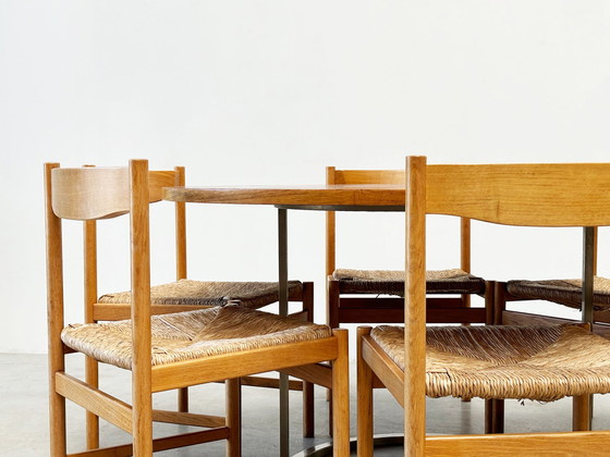 Image 1 of Set van zes Scandinavische rotan en eiken eetkamerstoelen