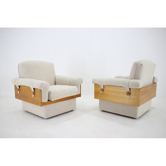 Image 1 of Paar vintage fauteuils in hout en Boucle stof, Tsjecho-Slowakije 1970