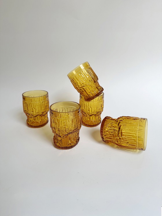 Image 1 of 5x Drinkglas Italië Brutalistisch Geel Amber 70Er Bormioli Rocco