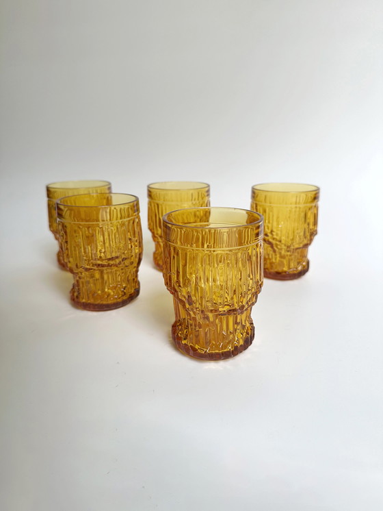 Image 1 of 5x Drinkglas Italië Brutalistisch Geel Amber 70Er Bormioli Rocco