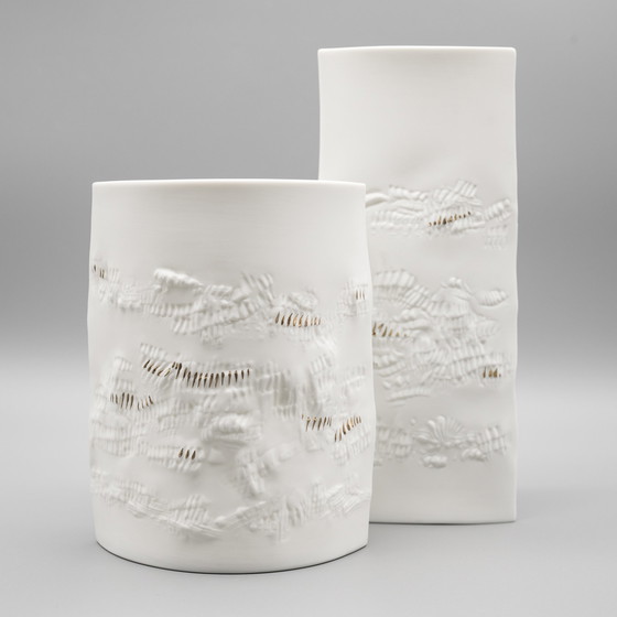 Image 1 of Chique Hutschenreuther Bisque Porseleinen Vaas Duo Wit Mat Goud Highlights Mcm