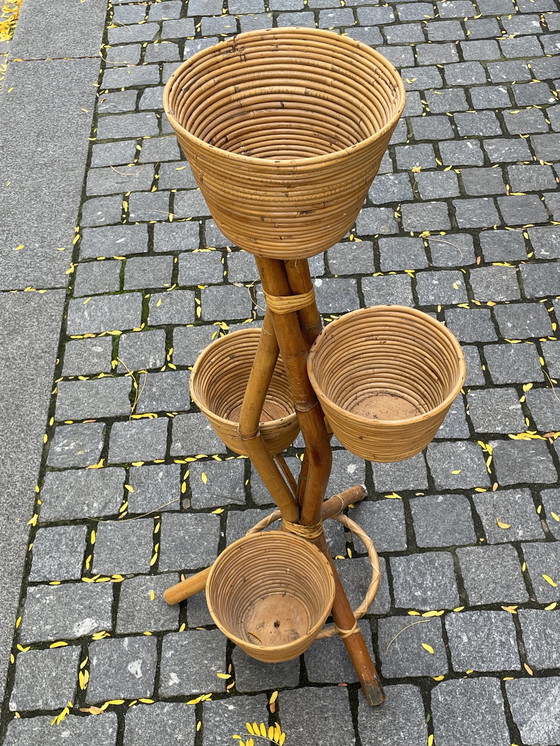 Image 1 of Vintage Rotan/Bamboe Plantenstandaard/Plantenrek, 1970'S