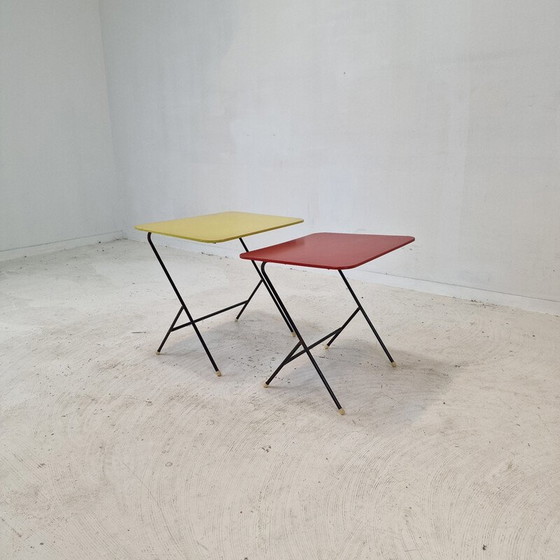 Image 1 of Paar vintage bijzettafeltjes van metaal en hout voor Pilastro, jaren 1960