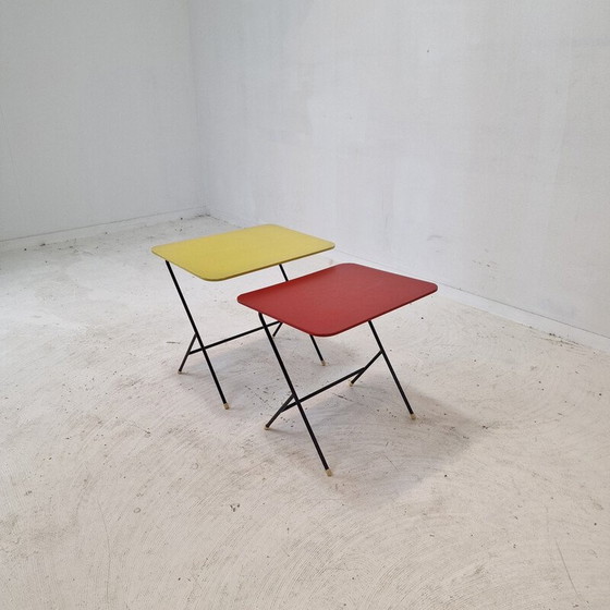 Image 1 of Paar vintage bijzettafeltjes van metaal en hout voor Pilastro, jaren 1960