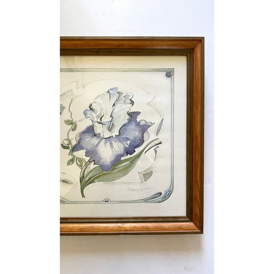 Image 1 of Irisbloem op vintage papier met houten frame