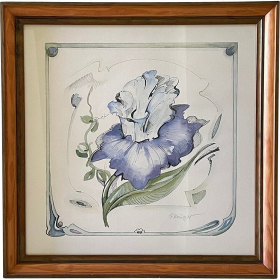 Image 1 of Irisbloem op vintage papier met houten frame