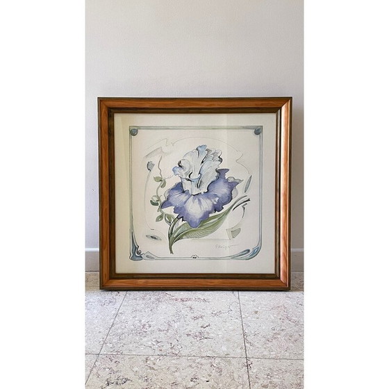 Image 1 of Irisbloem op vintage papier met houten frame